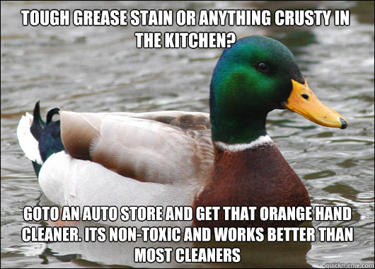 Tough Grease Stain or anything crusty in the kitchen? Goto an AUto store and get that orange hand cleaner. Its non-toxic and works better than most cleaners  Actual Advice Mallard