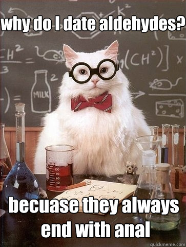 why do I date aldehydes? becuase they always
 end with anal  Chemistry Cat