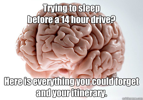 Trying to sleep
before a 14 hour drive? Here is everything you could forget
and your itinerary. - Trying to sleep
before a 14 hour drive? Here is everything you could forget
and your itinerary.  Scumbag Brain