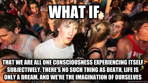 What if that we are all one consciousness experiencing itself subjectively. There's no such thing as death, life is only a dream, and we're the imagination of ourselves  Sudden Clarity Clarence