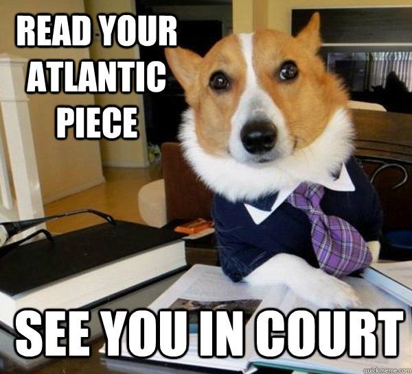 Read your atlantic piece See you in court  Lawyer Dog