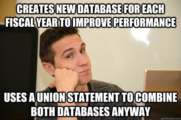 Creates new database for each fiscal year to improve performance Uses a union statement to combine both databases anyway  
