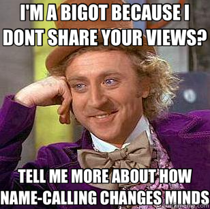 I'M A BIGOT BECAUSE I DONT SHARE YOUR VIEWS? TELL ME MORE ABOUT HOW NAME-CALLING CHANGES MINDS - I'M A BIGOT BECAUSE I DONT SHARE YOUR VIEWS? TELL ME MORE ABOUT HOW NAME-CALLING CHANGES MINDS  Condescending Wonka