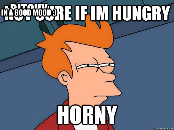 Not sure if im hungry horny bitchy in a good mood :)  Futurama Fry