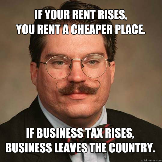 if your rent rises,
You rent a cheaper place. if business tax rises,
business leaves the country. - if your rent rises,
You rent a cheaper place. if business tax rises,
business leaves the country.  Austrian Economists