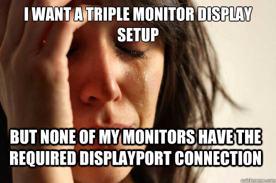 i want a triple monitor display setup but none of my monitors have the required displayport connection  FirstWorldProblems