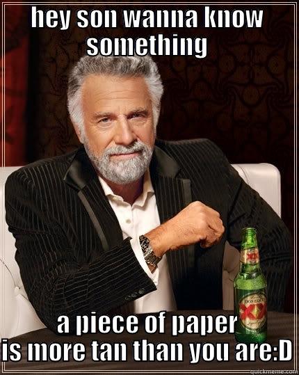 HEY SON WANNA KNOW SOMETHING A PIECE OF PAPER IS MORE TAN THAN YOU ARE:D The Most Interesting Man In The World