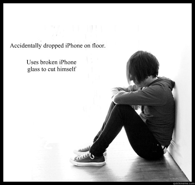 Accidentally dropped iPhone on floor. Uses broken iPhone glass to cut himself  - Accidentally dropped iPhone on floor. Uses broken iPhone glass to cut himself   Sad Youth