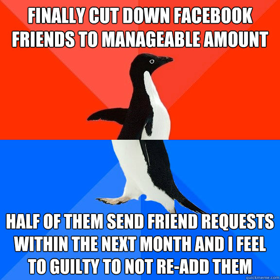 Finally cut down facebook friends to manageable amount half of them send friend requests within the next month and I feel to guilty to not re-add them - Finally cut down facebook friends to manageable amount half of them send friend requests within the next month and I feel to guilty to not re-add them  Socially Awesome Awkward Penguin