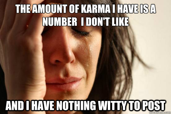 The amount of karma I have is a number  I don't like and I have nothing witty to post  First World Problems