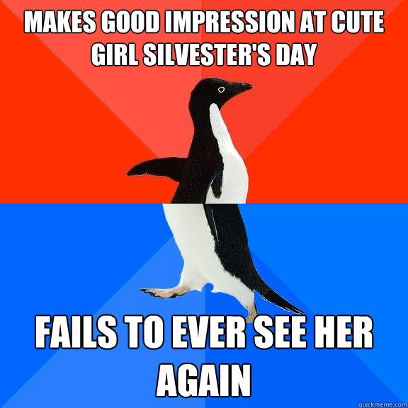 Makes good impression at cute girl Silvester's day Fails to ever see her again  Socially Awesome Awkward Penguin