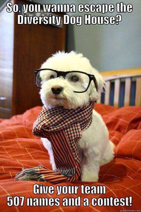 SO, YOU WANNA ESCAPE THE DIVERSITY DOG HOUSE? GIVE YOUR TEAM 507 NAMES AND A CONTEST! Hipster Dog