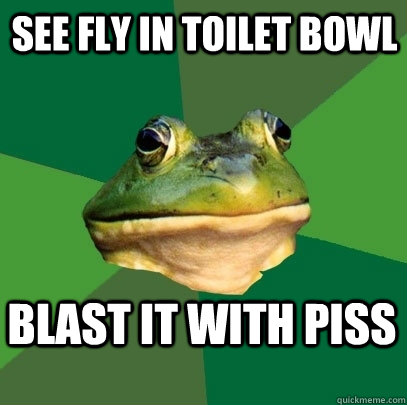 See fly in toilet bowl blast it with piss  Foul Bachelor Frog