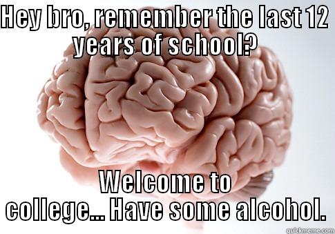 HEY BRO, REMEMBER THE LAST 12 YEARS OF SCHOOL? WELCOME TO COLLEGE... HAVE SOME ALCOHOL. Scumbag Brain