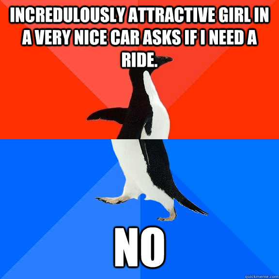 Incredulously attractive girl in a very nice car asks if I need a ride. No  Socially Awesome Awkward Penguin