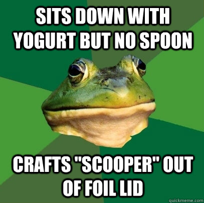Sits down with yogurt but no spoon crafts 