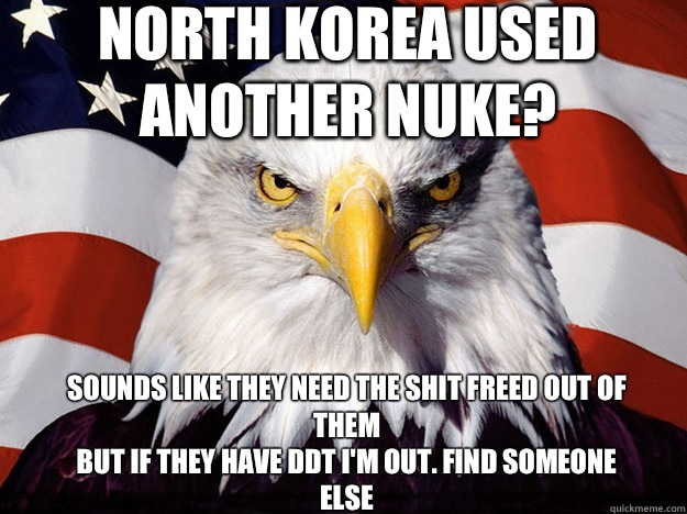 North Korea used another nuke? Sounds like they need the shit freed out of them
But if they have DDT I'm out. Find someone else  Patriotic Eagle