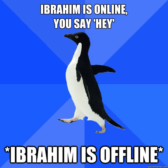 Ibrahim is online,
You say 'Hey' *Ibrahim is offline*  Socially Awkward Penguin