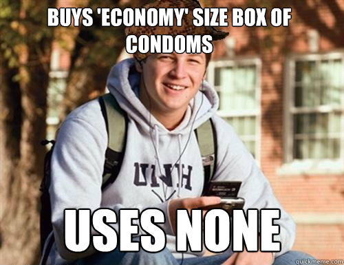 Buys 'Economy' size box of condoms Uses None  College Freshman