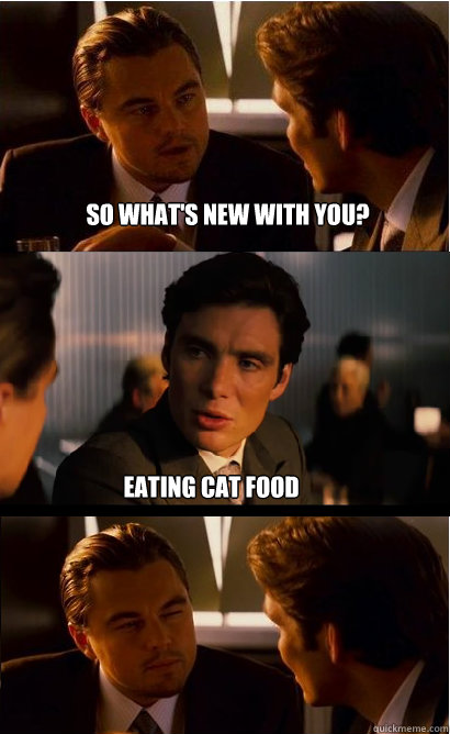 so what's new with you? eating cat food   Inception Meme