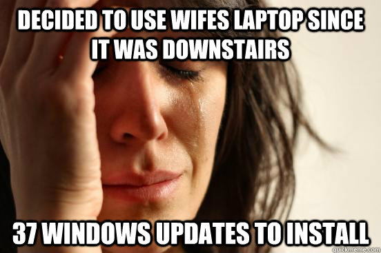 Decided to use wifes laptop since it was downstairs 37 Windows Updates to install  First World Problems
