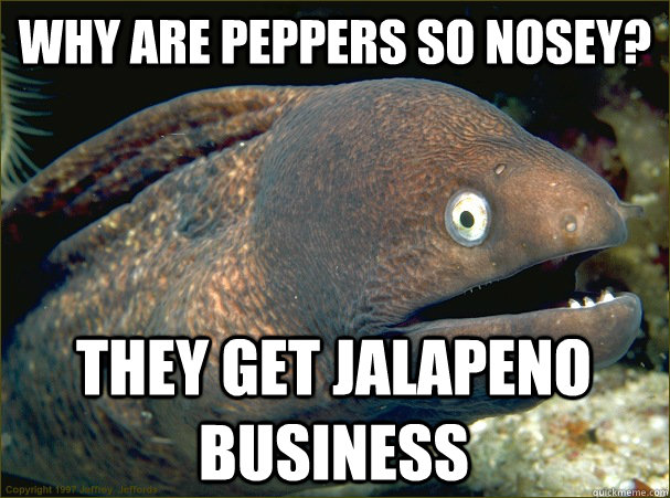 Why are peppers so nosey? They get Jalapeno business - Why are peppers so nosey? They get Jalapeno business  Bad Joke Eel
