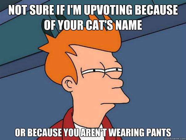 Not sure if I'm upvoting because of your cat's name Or because you aren't wearing pants  - Not sure if I'm upvoting because of your cat's name Or because you aren't wearing pants   Futurama Fry