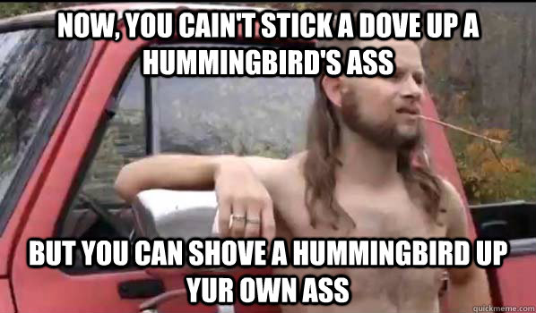 Now, you cain't stick a dove up a hummingbird's ass  but you can shove a hummingbird up yur own ass  Almost Politically Correct Redneck