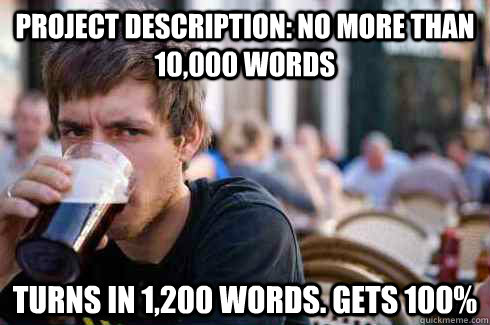 Project Description: No more than 10,000 words Turns in 1,200 words. Gets 100%  Lazy Senior