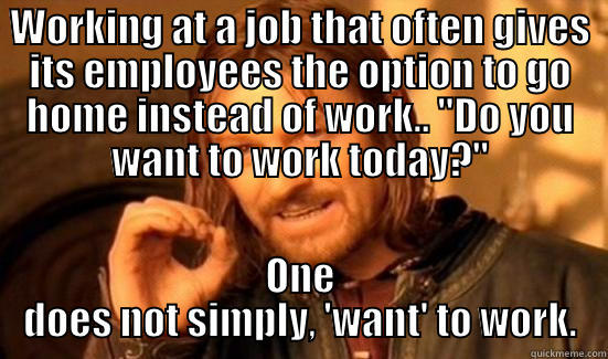 WORKING AT A JOB THAT OFTEN GIVES ITS EMPLOYEES THE OPTION TO GO HOME INSTEAD OF WORK.. 