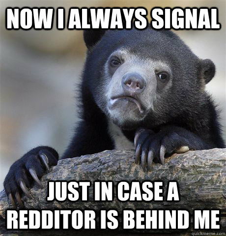 NOW I ALWAYS SIGNAL JUST IN CASE A REDDITOR IS BEHIND ME - NOW I ALWAYS SIGNAL JUST IN CASE A REDDITOR IS BEHIND ME  Misc