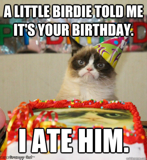A little birdie told me it's your birthday. I ate him.  grumpy cat birthday