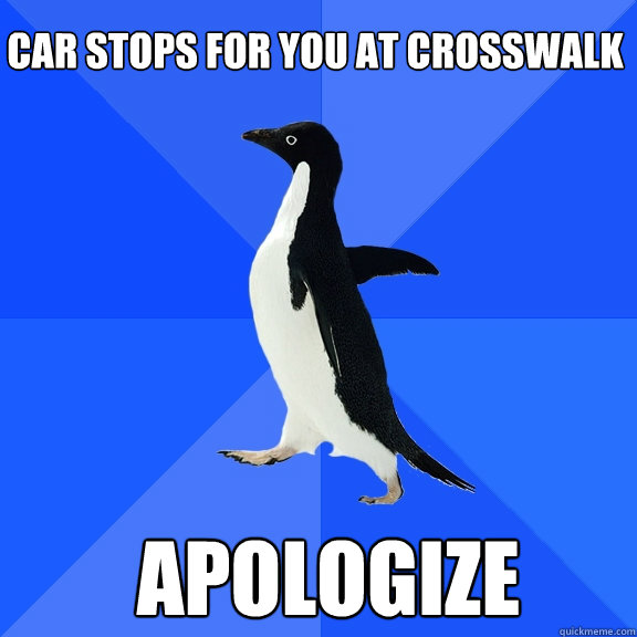 Car stops for you at crosswalk apologize  Socially Awkward Penguin
