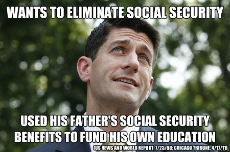 Wants to eliminate social security Used his Father's Social Security benefits to fund his own Education [US News and World Report, 7/23/08; Chicago Tribune, 4/17/11]  