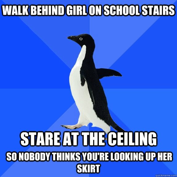 Walk behind girl on school stairs stare at the ceiling  so nobody thinks you're looking up her skirt  Socially Awkward Penguin