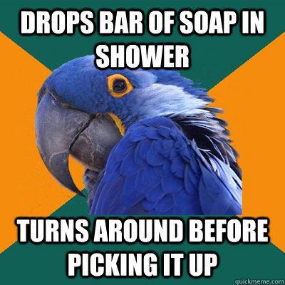 drops bar of soap in shower turns around before picking it up - drops bar of soap in shower turns around before picking it up  Paranoid Parrot