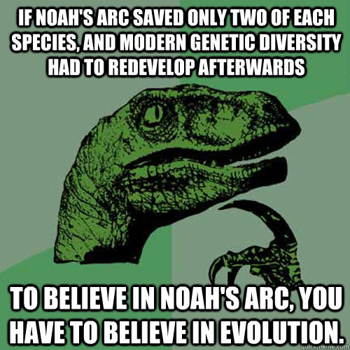If Noah's Arc saved only two of each species, and modern genetic diversity had to redevelop afterwards  To believe in Noah's Arc, you have to believe in evolution.  - If Noah's Arc saved only two of each species, and modern genetic diversity had to redevelop afterwards  To believe in Noah's Arc, you have to believe in evolution.   Philosoraptor