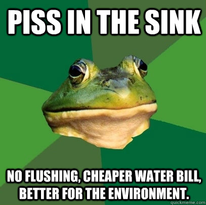 Piss in the sink No flushing, cheaper water bill, better for the environment.  Foul Bachelor Frog