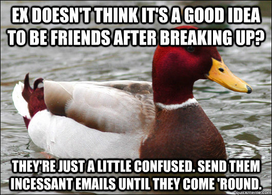 Ex doesn't think it's a good idea to be friends after breaking up? They're just a little confused. Send them incessant emails until they come 'round.  Malicious Advice Mallard