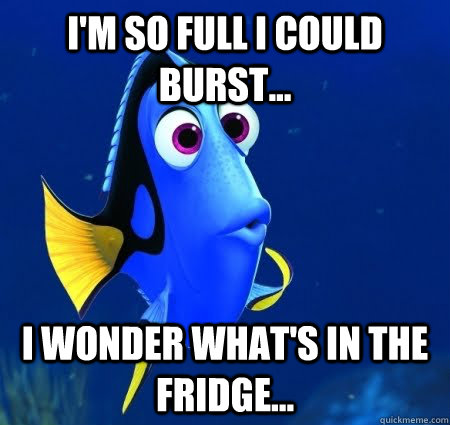 I'm so full I could burst... I wonder what's in the fridge...  Forgetful Dory