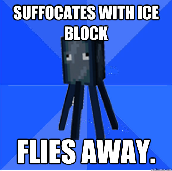 Suffocates with ice block Flies away.  Socially Awkward Squid