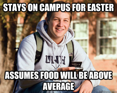 Stays on campus for Easter Assumes food will be above average  College Freshman