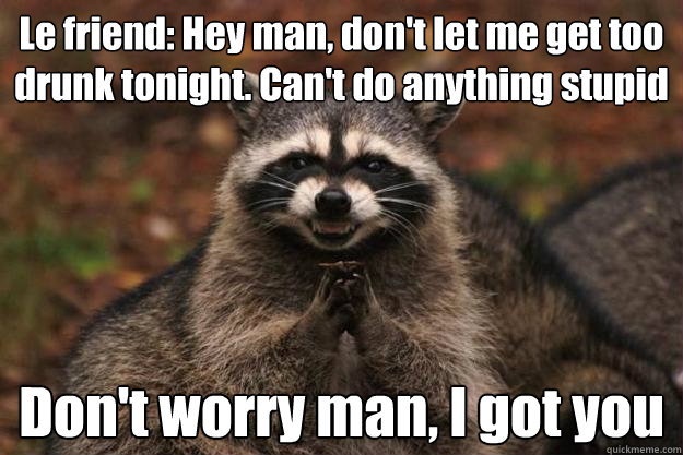 Le friend: Hey man, don't let me get too drunk tonight. Can't do anything stupid Don't worry man, I got you   Evil Plotting Raccoon
