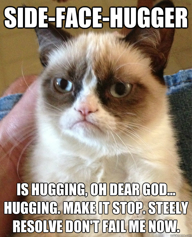 Side-face-hugger Is hugging, oh dear god... hugging. make it stop. steely resolve don't fail me now. - Side-face-hugger Is hugging, oh dear god... hugging. make it stop. steely resolve don't fail me now.  Grumpy Cat