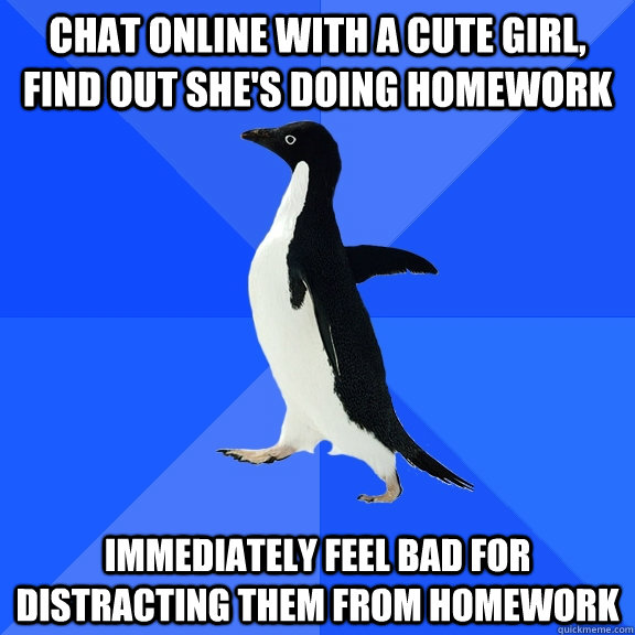 Chat online with a cute girl, find out she's doing homework Immediately feel bad for distracting them from homework  Socially Awkward Penguin