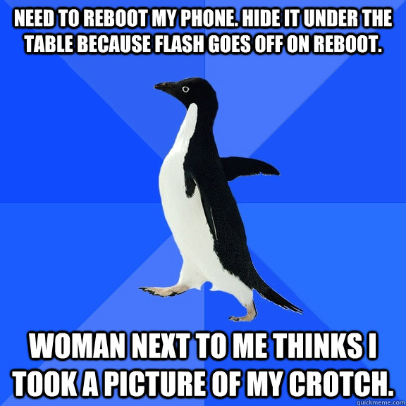 Need to Reboot my phone. Hide it under the table because flash goes off on reboot. Woman next to me thinks I took a picture of my crotch.  Socially Awkward Penguin
