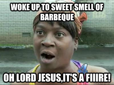 woke up to sweet smell of barbeque oh lord Jesus,it's a fiiire!   No Time Sweet Brown