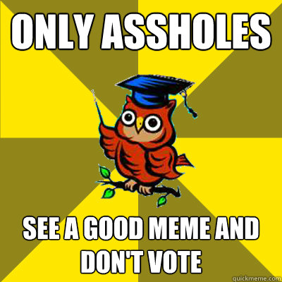 only assholes see a good meme and don't vote  Observational Owl