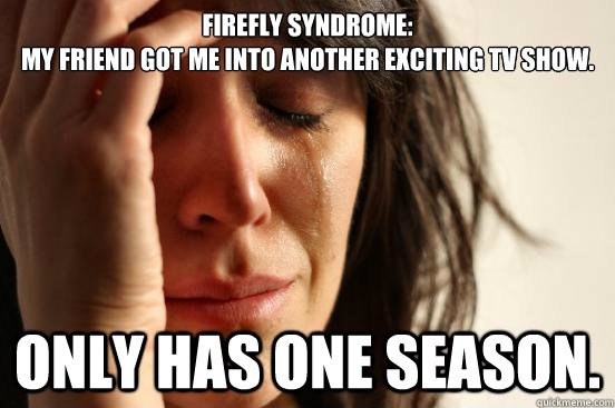 Firefly Syndrome:
My friend got me into another exciting TV show. Only has one season.  First World Problems