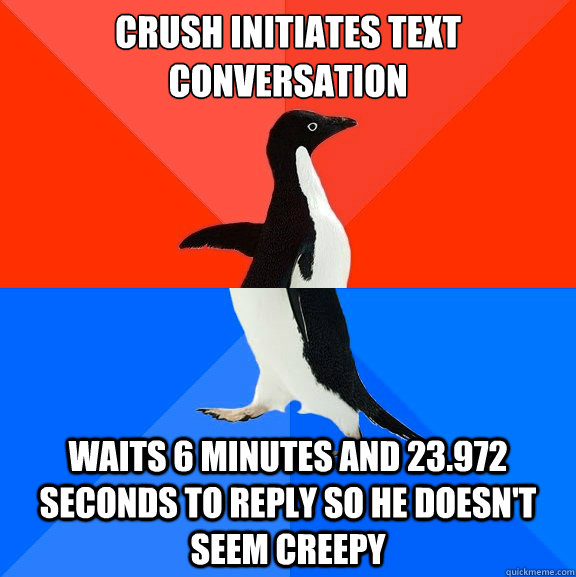 Crush initiates text conversation Waits 6 minutes and 23.972 seconds to reply so he doesn't seem creepy  Socially Awesome Awkward Penguin